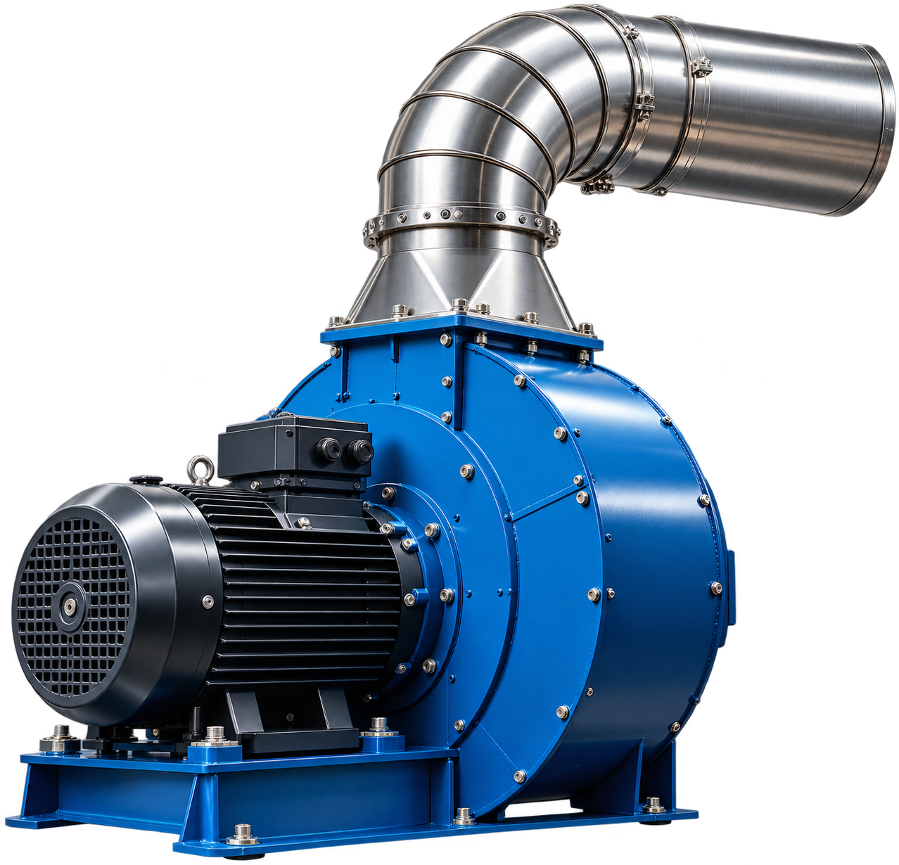 Industrial blue blower with stainless ductwork upgrade